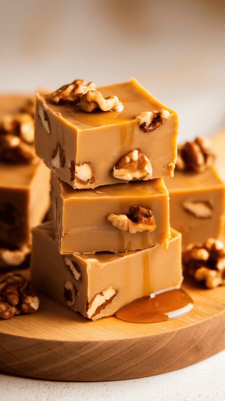 Delicious maple walnut fudge stacked on a wooden board with walnuts and syrup.