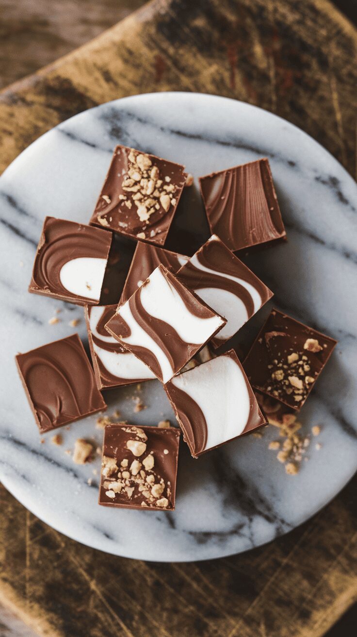 A plate of marshmallow swirl fudge pieces with chocolate and white swirls