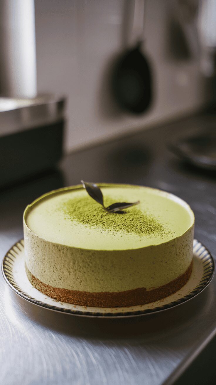 A beautifully presented matcha green tea cheesecake with a green top and a golden crust.