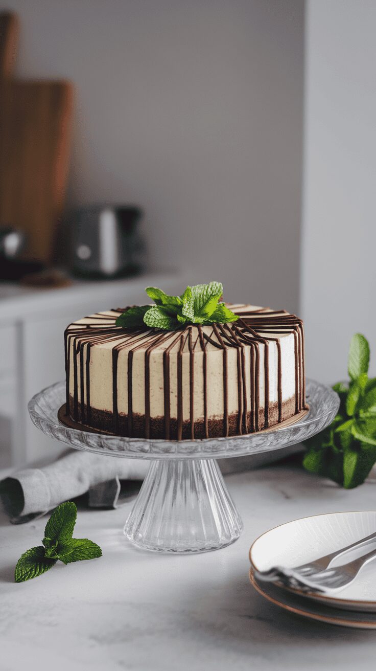 A beautifully decorated mint chocolate cheesecake topped with chocolate drizzle and mint leaves.