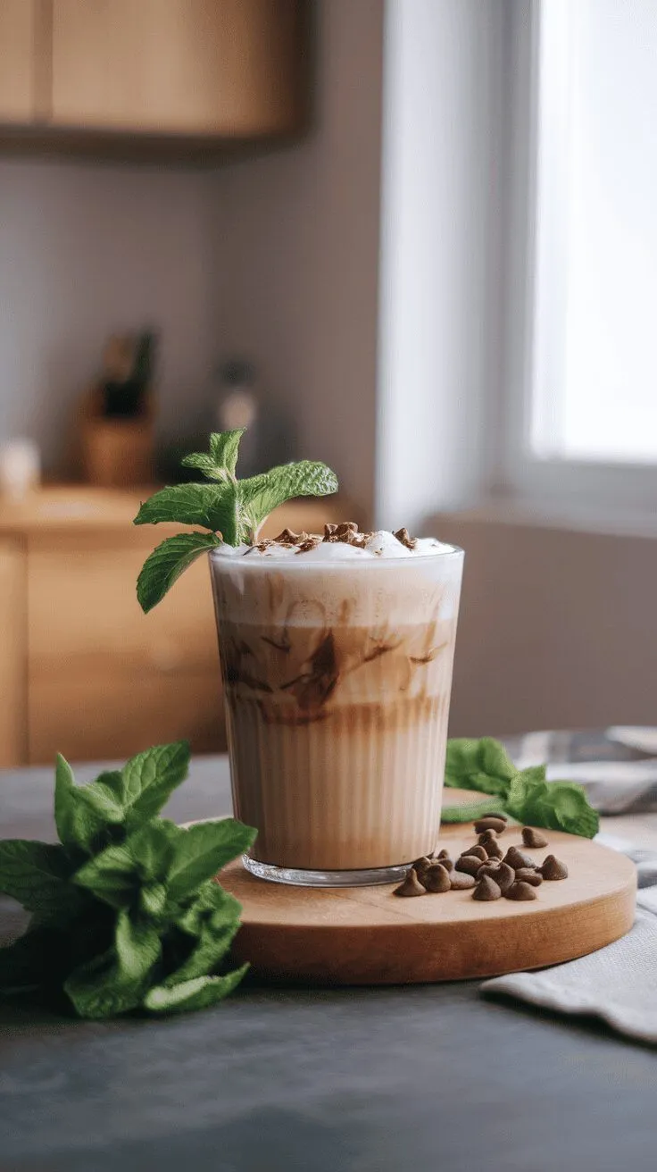 A glass of mint chocolate chip protein coffee topped with whipped cream, mint leaves, and chocolate chips.
