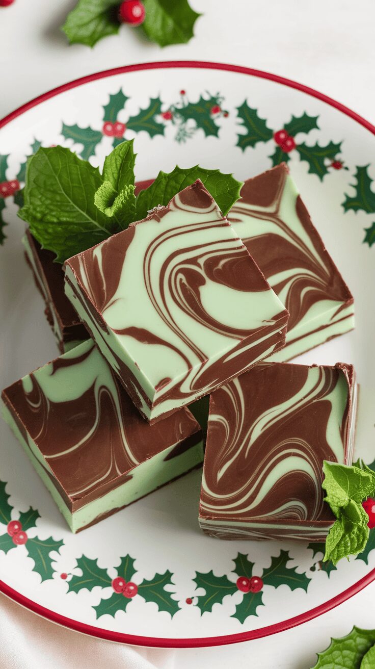 Homemade mint chocolate fudge on a festive plate with mint leaves.