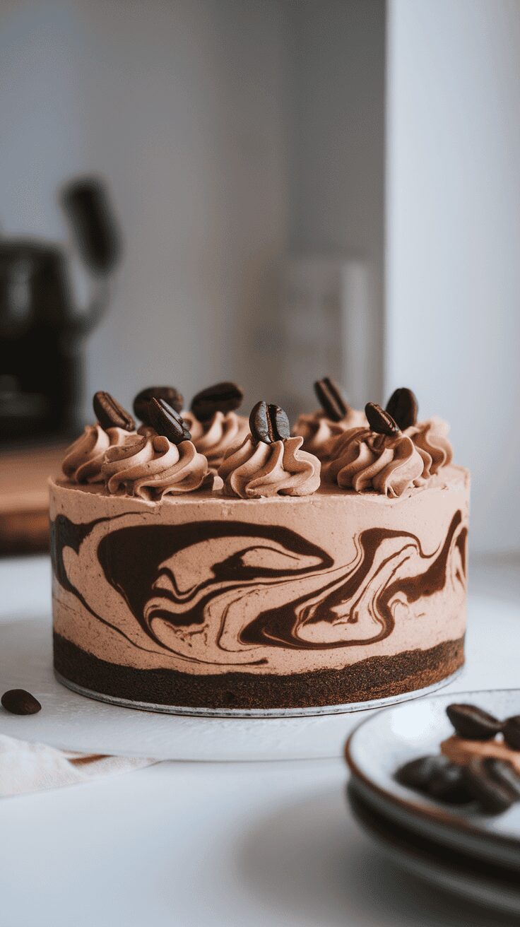 A mocha espresso cheesecake with chocolate swirls and coffee bean decorations on top.