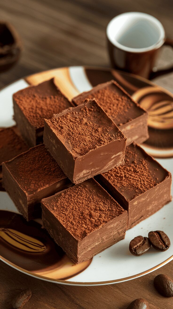 Delicious mocha fudge squares dusted with cocoa on a decorative plate, surrounded by coffee beans.