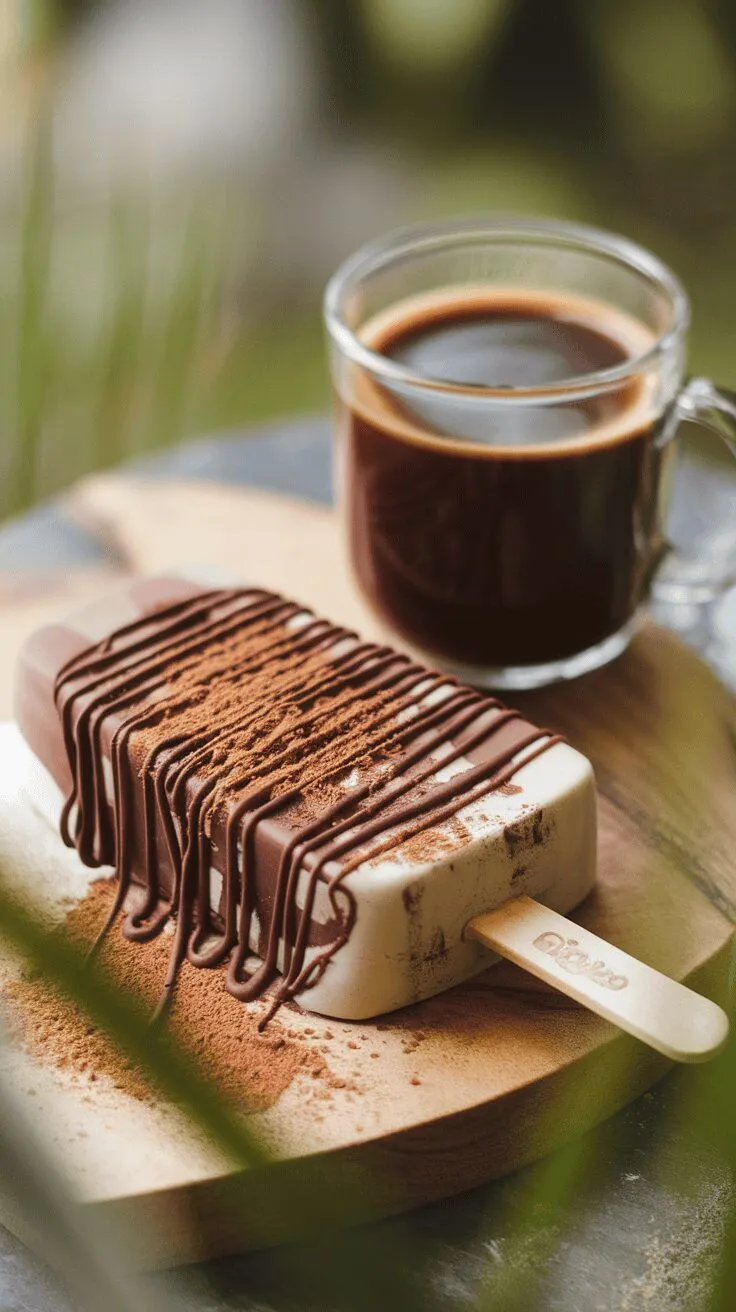Mocha fudge swirl popsicle on a wooden board next to a cup of coffee.