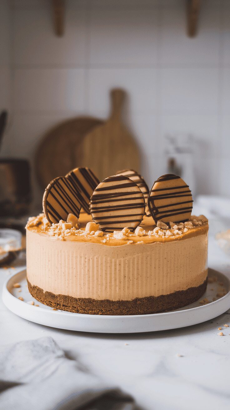 No-bake peanut butter cheesecake topped with chocolate cookies and crushed nuts
