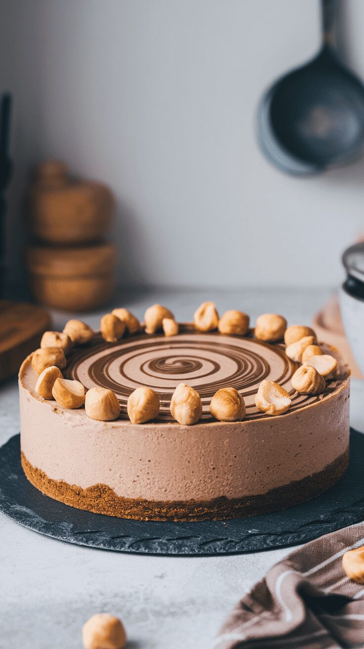 A delicious Nutella cheesecake topped with hazelnuts, displaying a creamy texture and a chocolate swirl design.