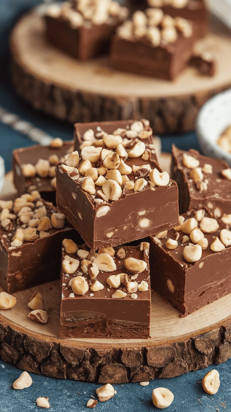 A stack of Nutella fudge topped with chopped hazelnuts on a wooden platter.