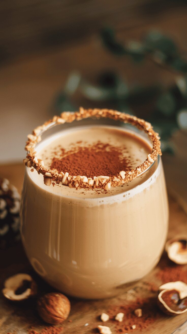 A glass of hazelnut eggnog with a cocoa sprinkle on top, surrounded by hazelnuts and pinecones.