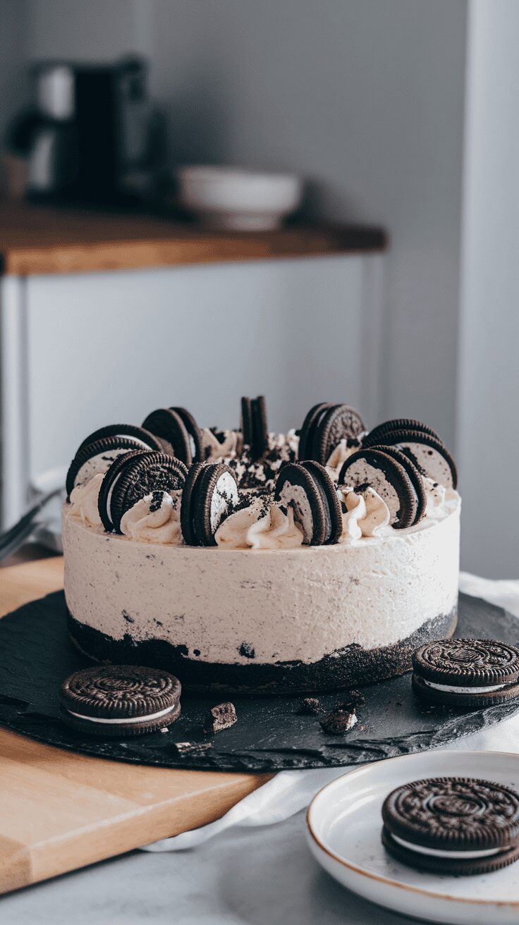 A delicious Oreo Cookies & Cream cheesecake topped with whole Oreos and whipped cream, placed on a black slate serving board.