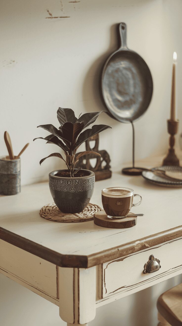 A cozy table setup with a coffee plant and a cup of coffee.
