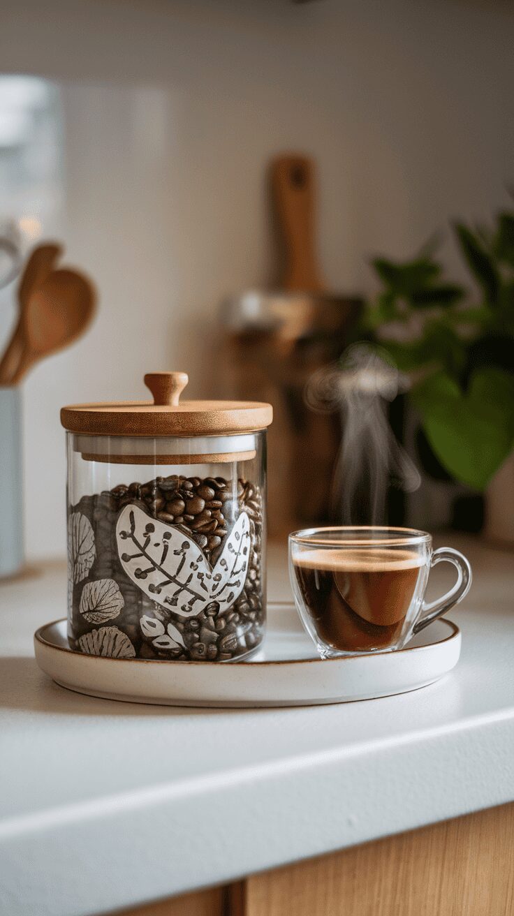 A decorative glass jar filled with coffee beans next to a steaming cup of coffee on a tray.