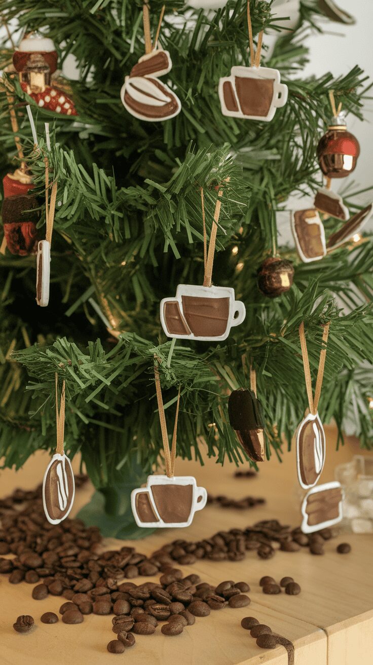 A Christmas tree decorated with coffee-themed edible ornaments and coffee beans scattered on the table.