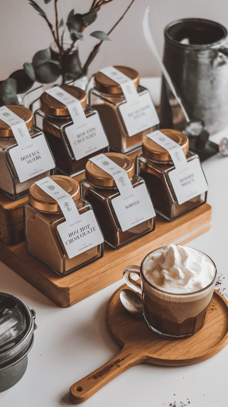 Various jars of premium hot chocolate mixes displayed with a cup of hot chocolate topped with whipped cream.