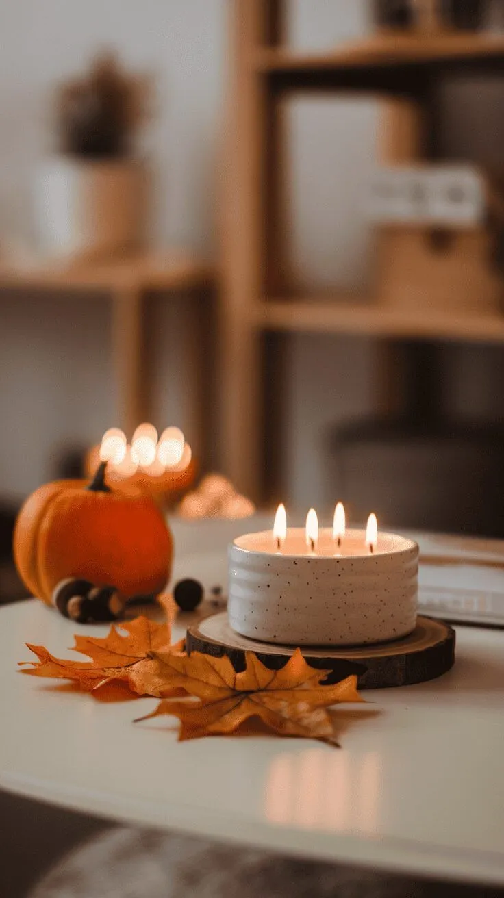 A cozy table setup featuring a lit candle, autumn leaves, a small pumpkin, and a warm atmosphere.