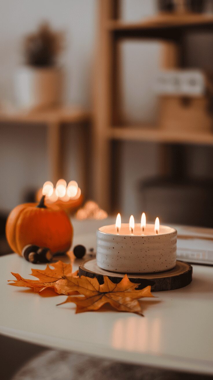 A cozy table setup featuring a lit candle, autumn leaves, a small pumpkin, and a warm atmosphere.