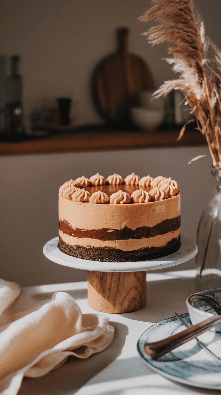 A beautiful peanut butter chocolate cheesecake with swirls of frosting on top, sitting on a wooden stand.