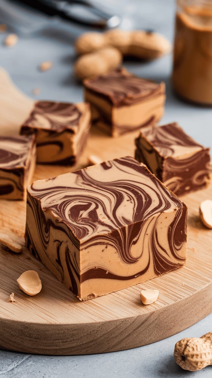 Peanut butter chocolate swirl fudge on a wooden board with peanuts