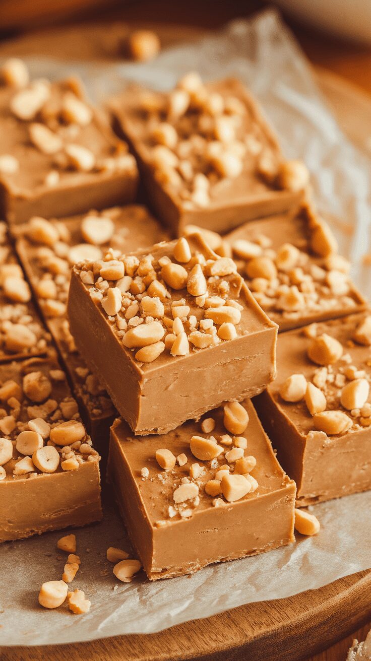 Delicious homemade peanut butter fudge topped with chopped peanuts.