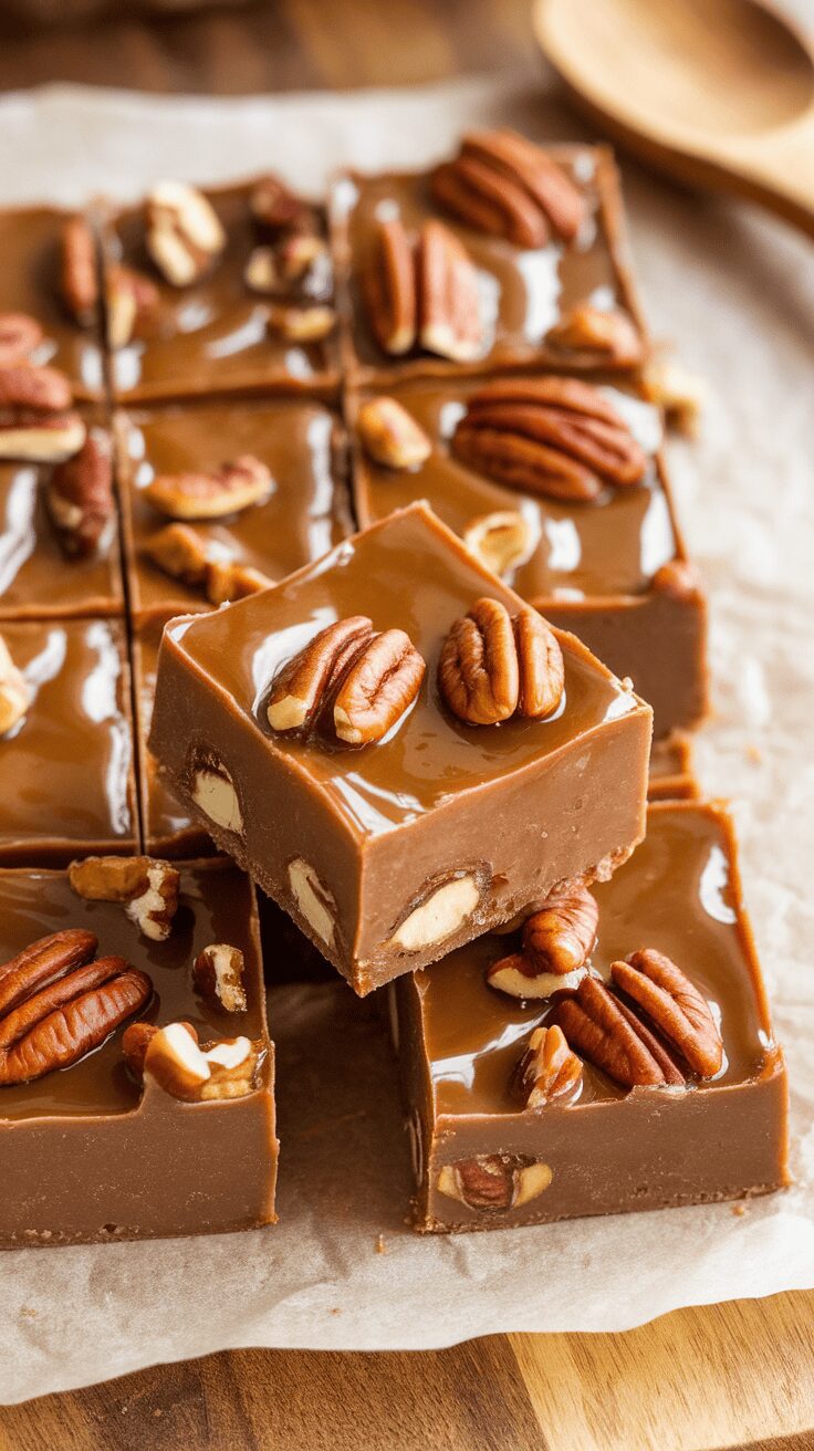Delicious pecan praline fudge squares topped with whole pecans.
