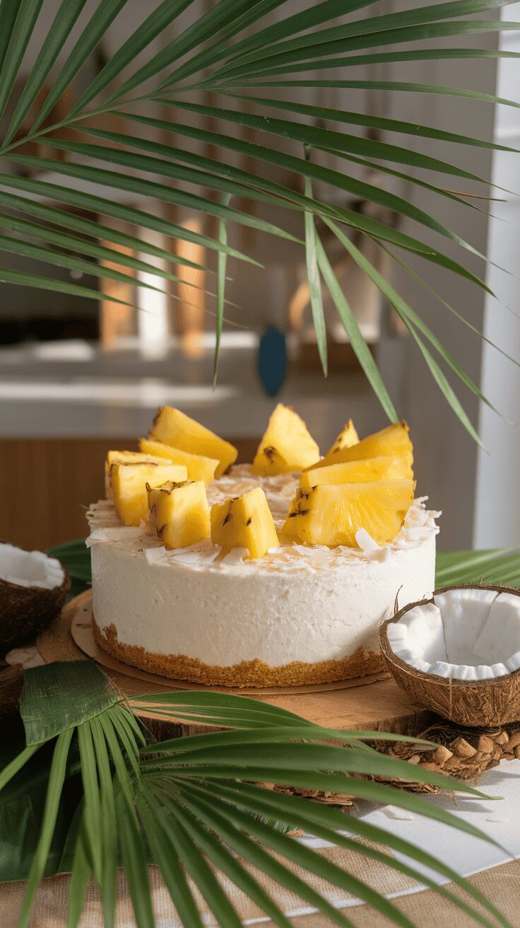 A delicious pineapple coconut cheesecake with pineapple slices on top, surrounded by palm leaves.