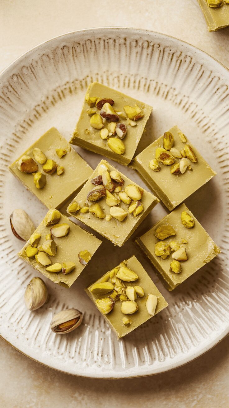 A plate of homemade pistachio fudge topped with chopped pistachios.