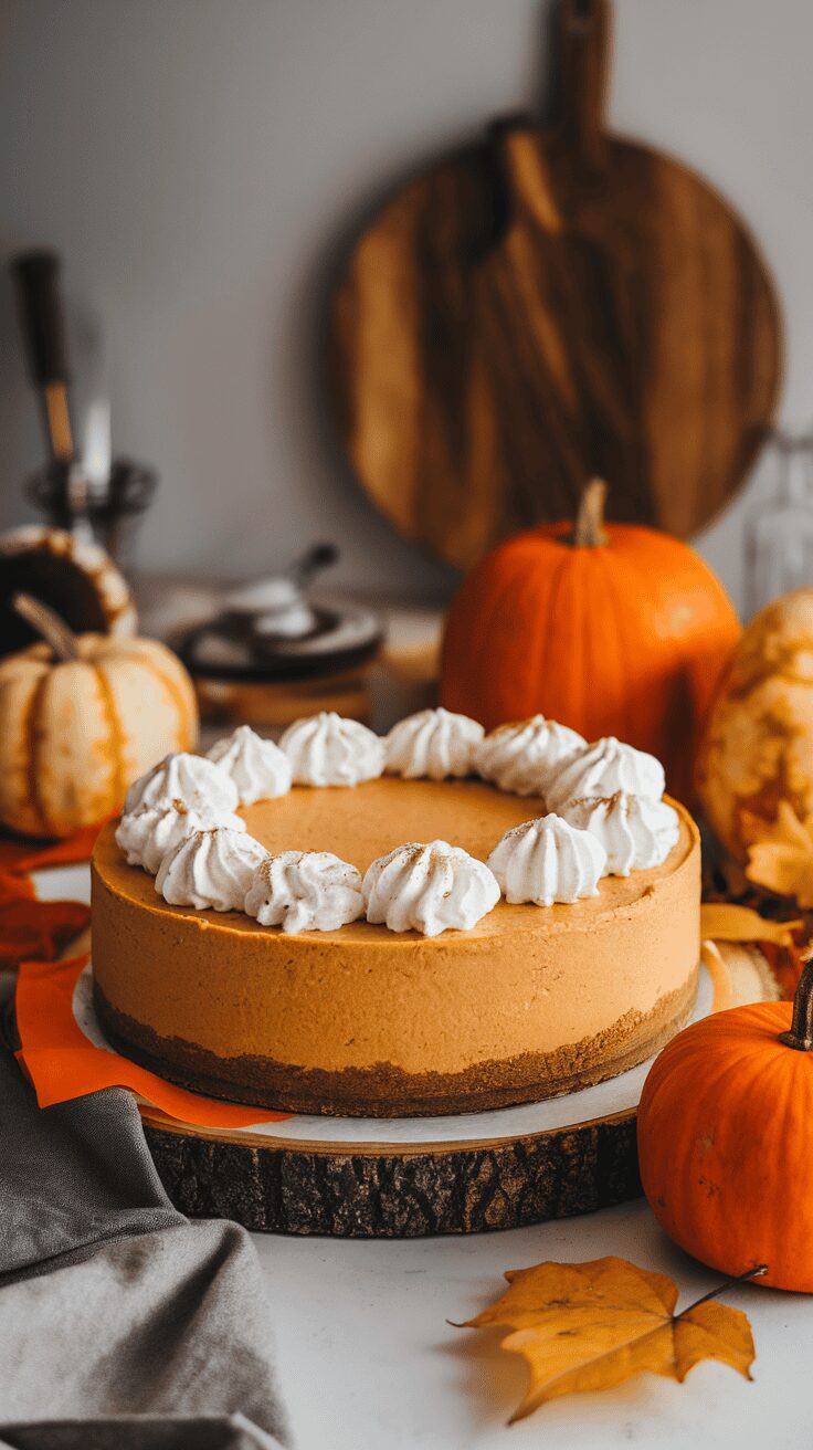 A pumpkin spice cheesecake decorated with whipped cream, surrounded by pumpkins and autumn leaves.