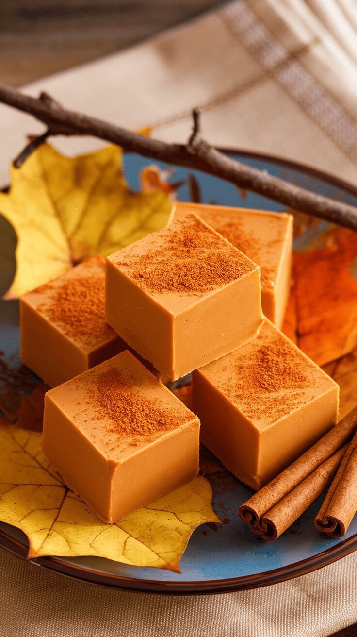 A plate of pumpkin spice fudge on autumn leaves, with cinnamon sticks.