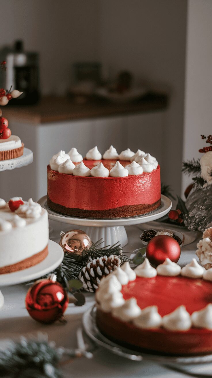 A beautiful red velvet cheesecake topped with whipped cream, surrounded by festive decorations.