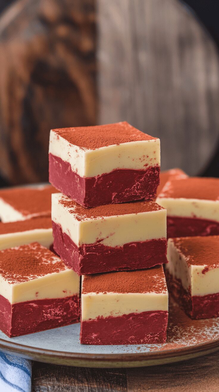 Delicious red velvet fudge layered with creamy white chocolate on top.