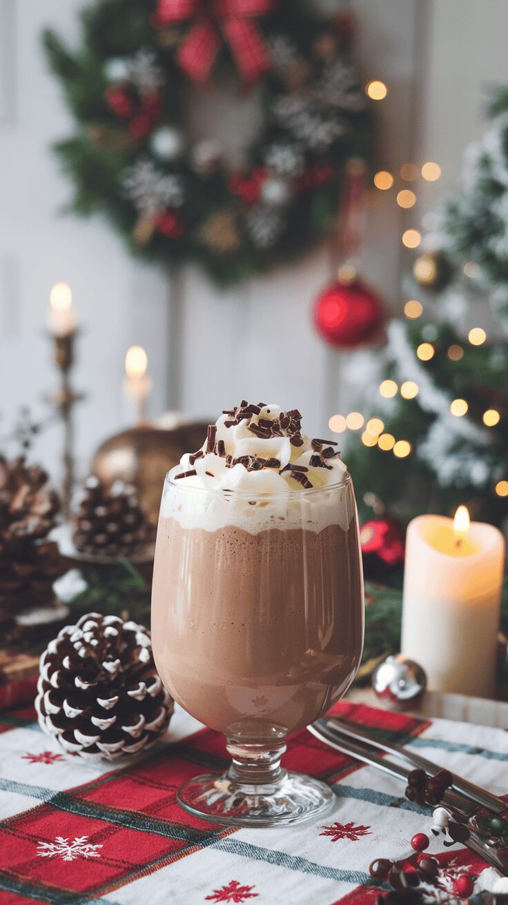 A glass of rich chocolate eggnog topped with whipped cream and chocolate shavings, surrounded by festive decorations.
