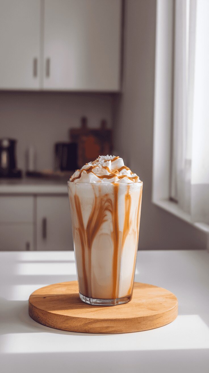 A salted caramel Baileys latte topped with whipped cream and caramel drizzle, served in a clear glass on a wooden coaster.