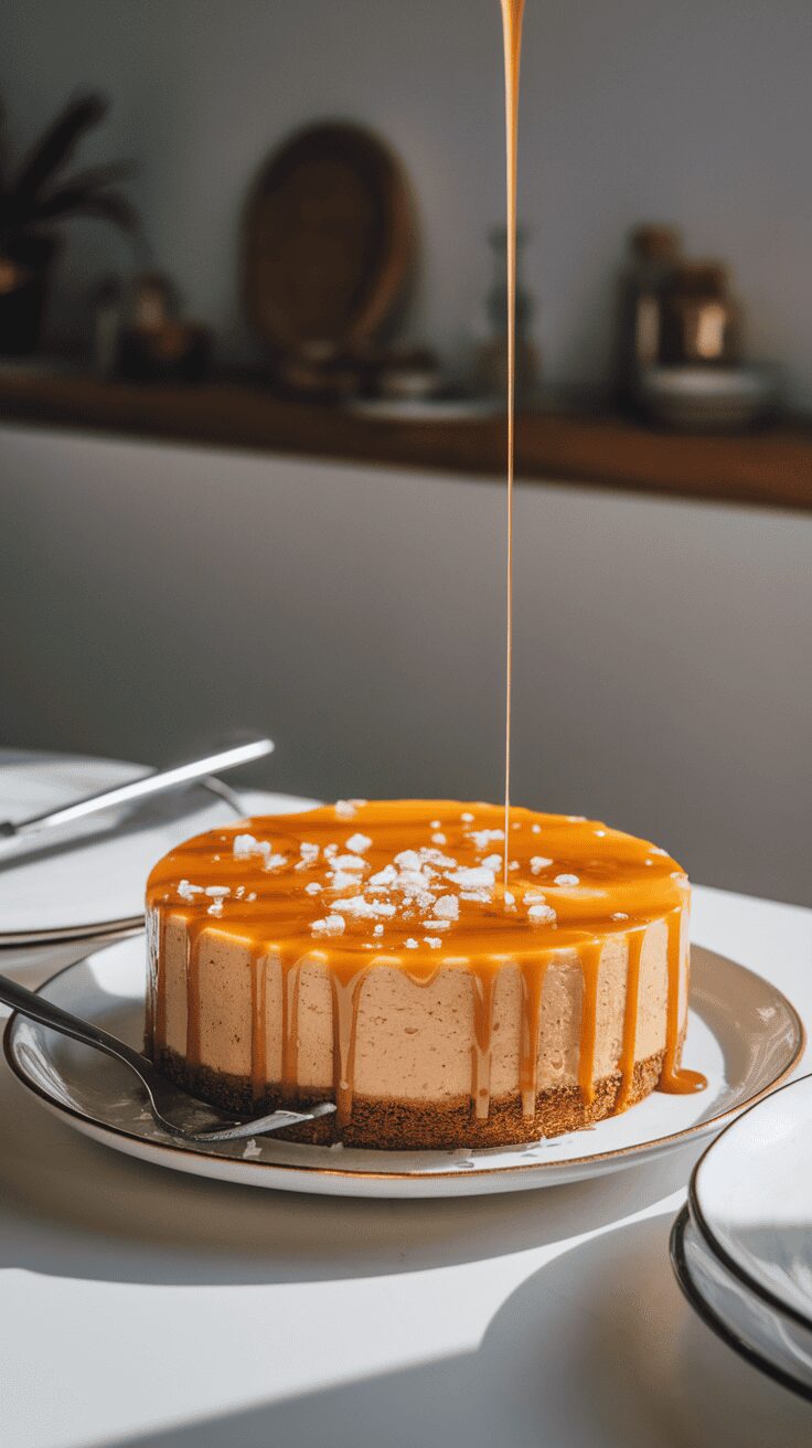 A beautifully presented salted caramel cheesecake with a glossy caramel drizzle and a sprinkle of sea salt on top.