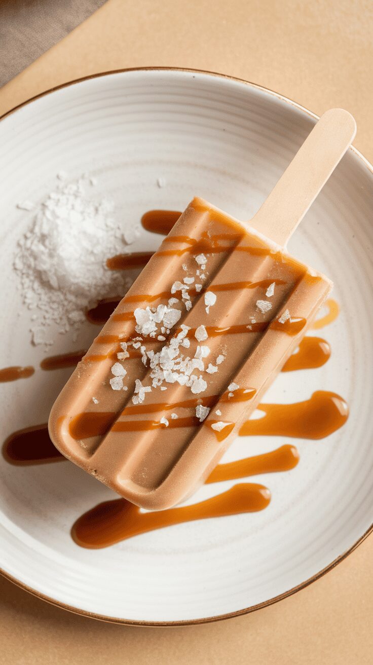 A salted caramel coffee popsicle with caramel drizzling on top, sitting on a plate.