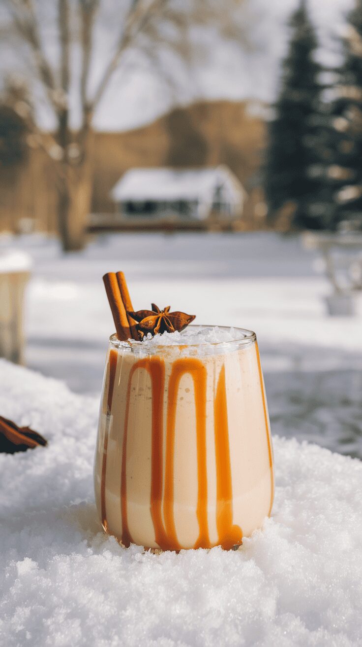 A glass of salted caramel eggnog with cinnamon sticks and star anise on top, resting on snow.