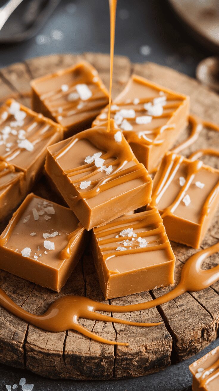 Delicious salted caramel fudge pieces on a wooden board with caramel drizzle.