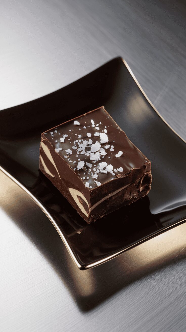 A piece of sea salt dark chocolate fudge on a black plate.