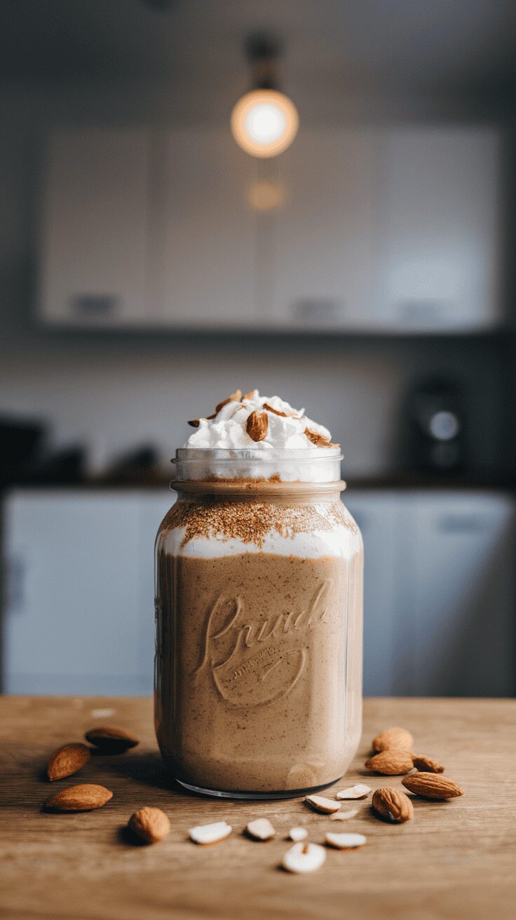 A creamy almond coffee protein smoothie topped with whipped cream and almonds in a glass jar on a wooden table.