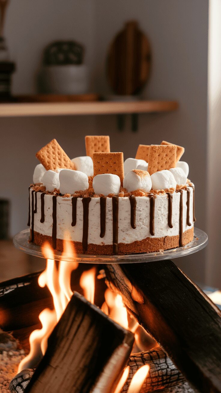 A s'mores cheesecake topped with marshmallows, graham crackers, and chocolate drizzle