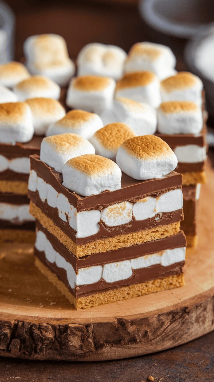 A delicious display of layered s’mores fudge with marshmallows on top.