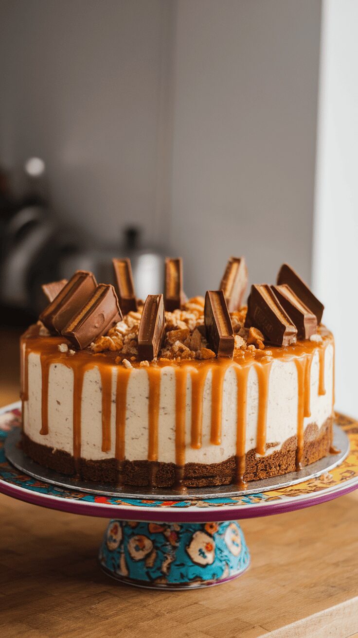A delicious Snickers cheesecake topped with caramel and chocolate bars on a colorful cake stand.