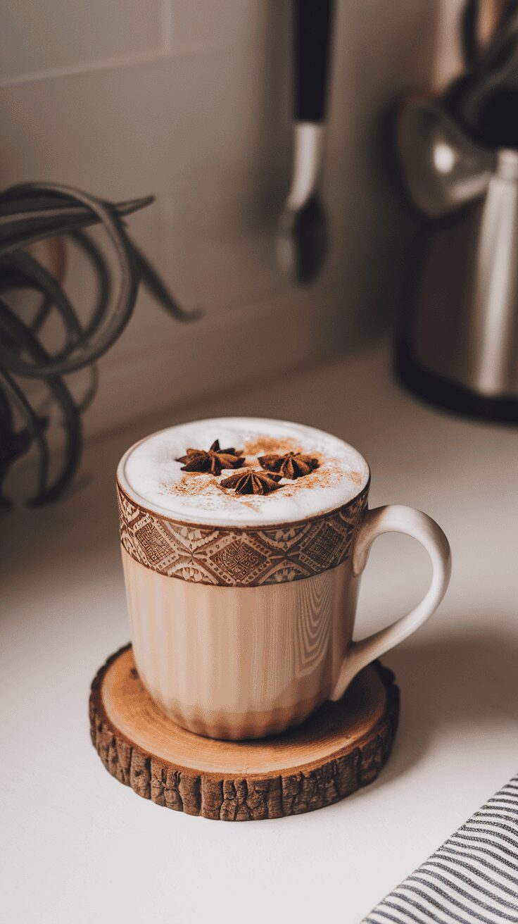 A cozy cup of spiced Baileys chai latte topped with star anise and cinnamon.