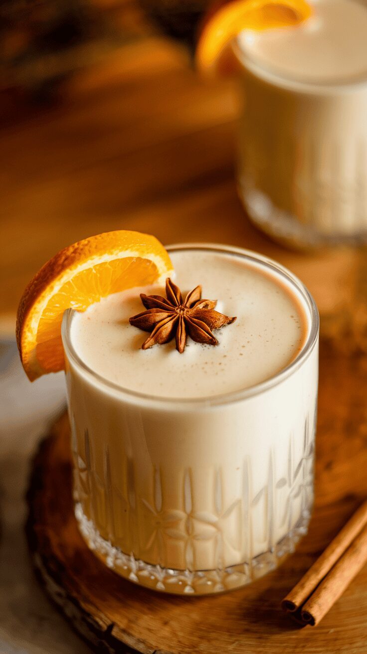 A glass of spiced rum and eggnog garnished with an orange slice and star anise.