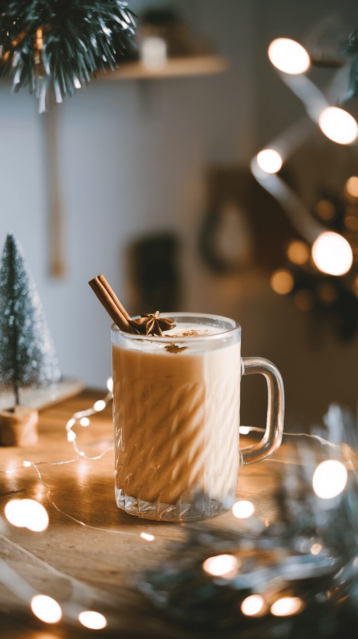 A glass of spiked eggnog with a cinnamon stick, surrounded by holiday decorations.