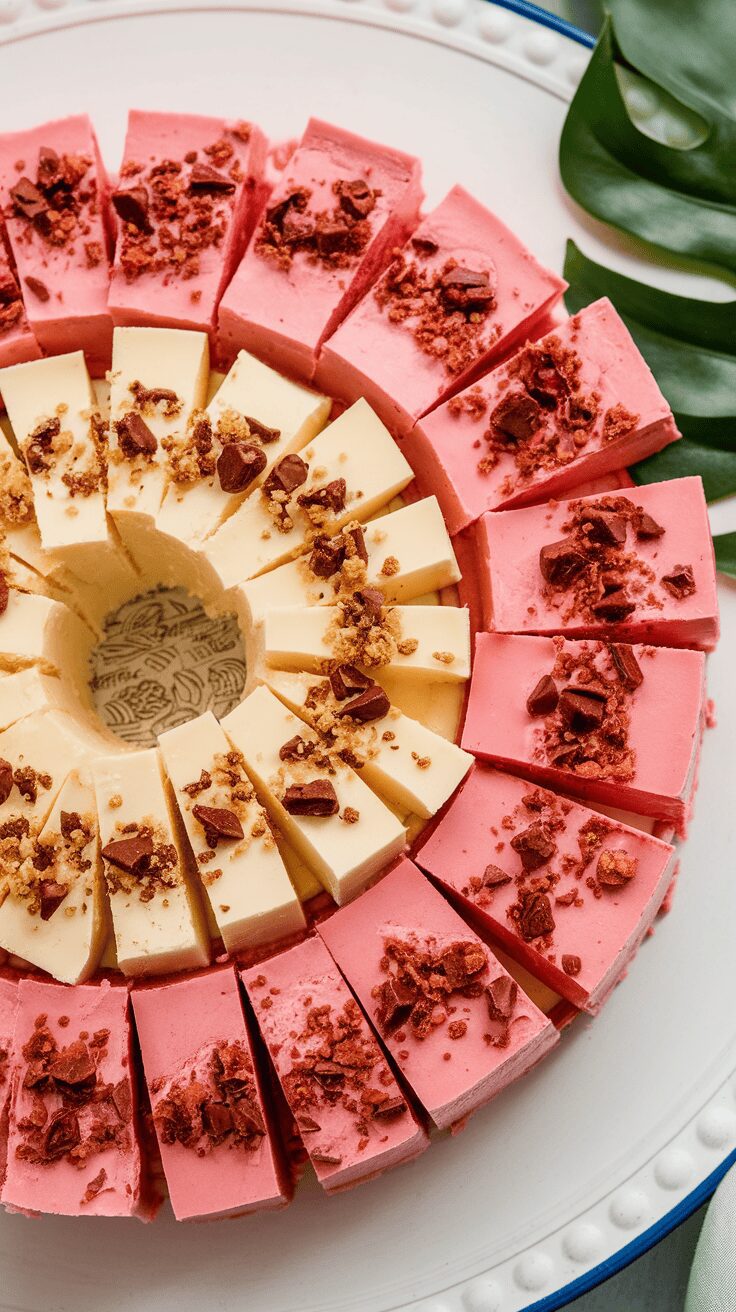 A beautifully arranged platter of strawberry shortcake fudge with pink and white layers, topped with crumbled pieces.