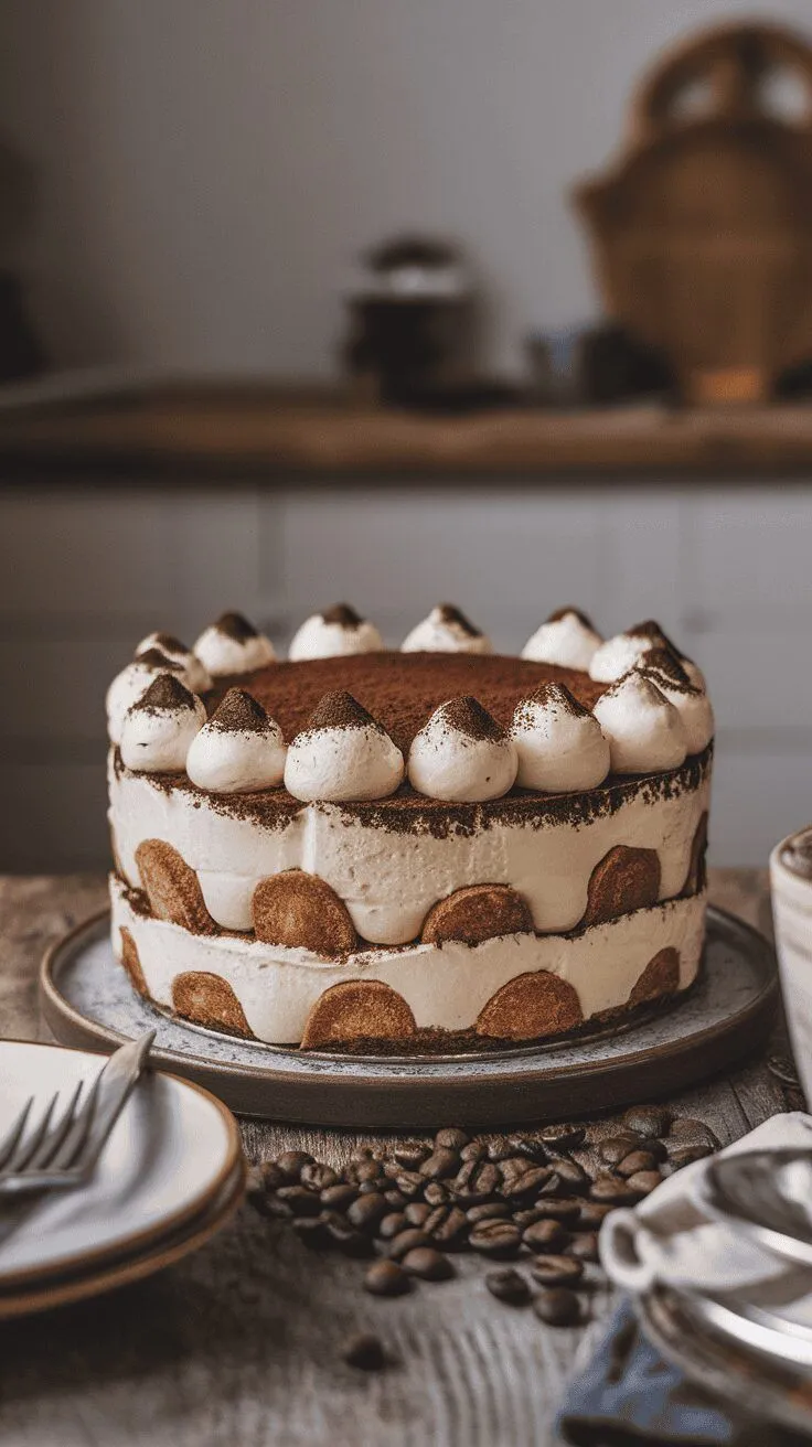 A beautifully layered tiramisu cheesecake with a creamy topping and coffee dusting.