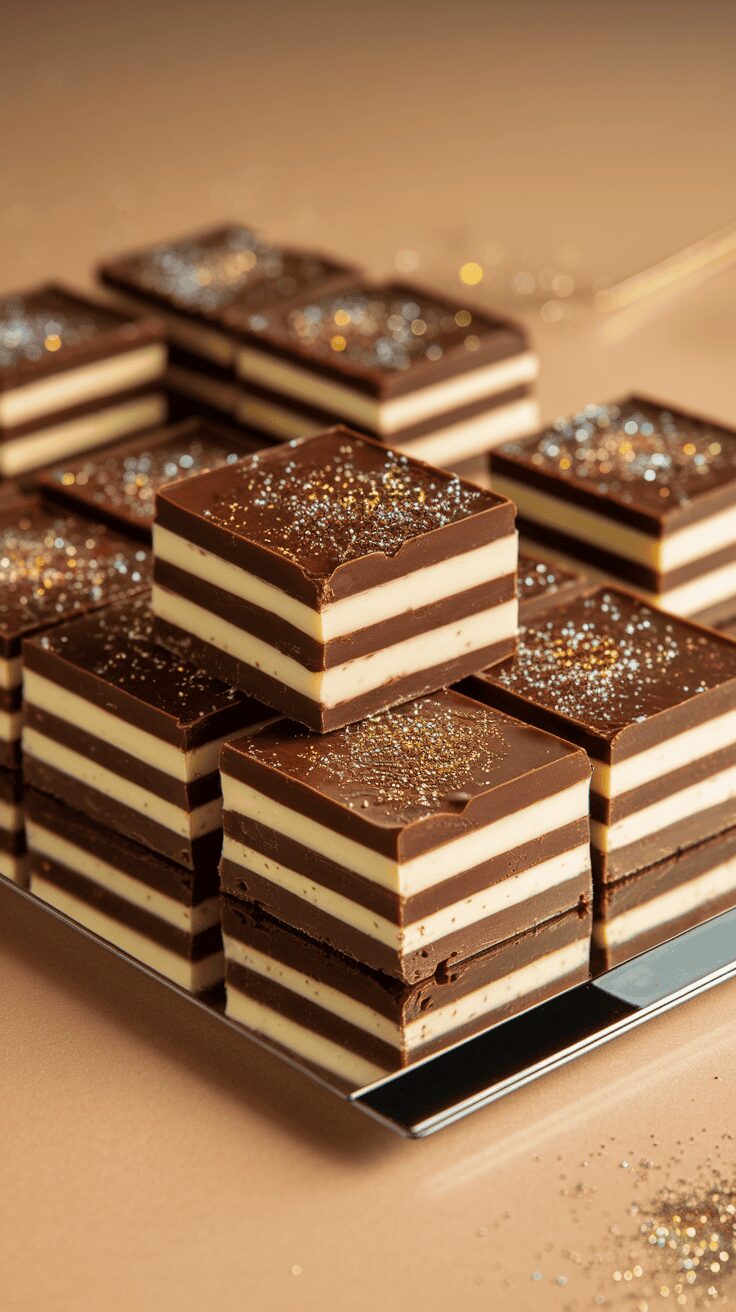 A stack of triple chocolate fudge squares with a shiny surface and glitter on top.
