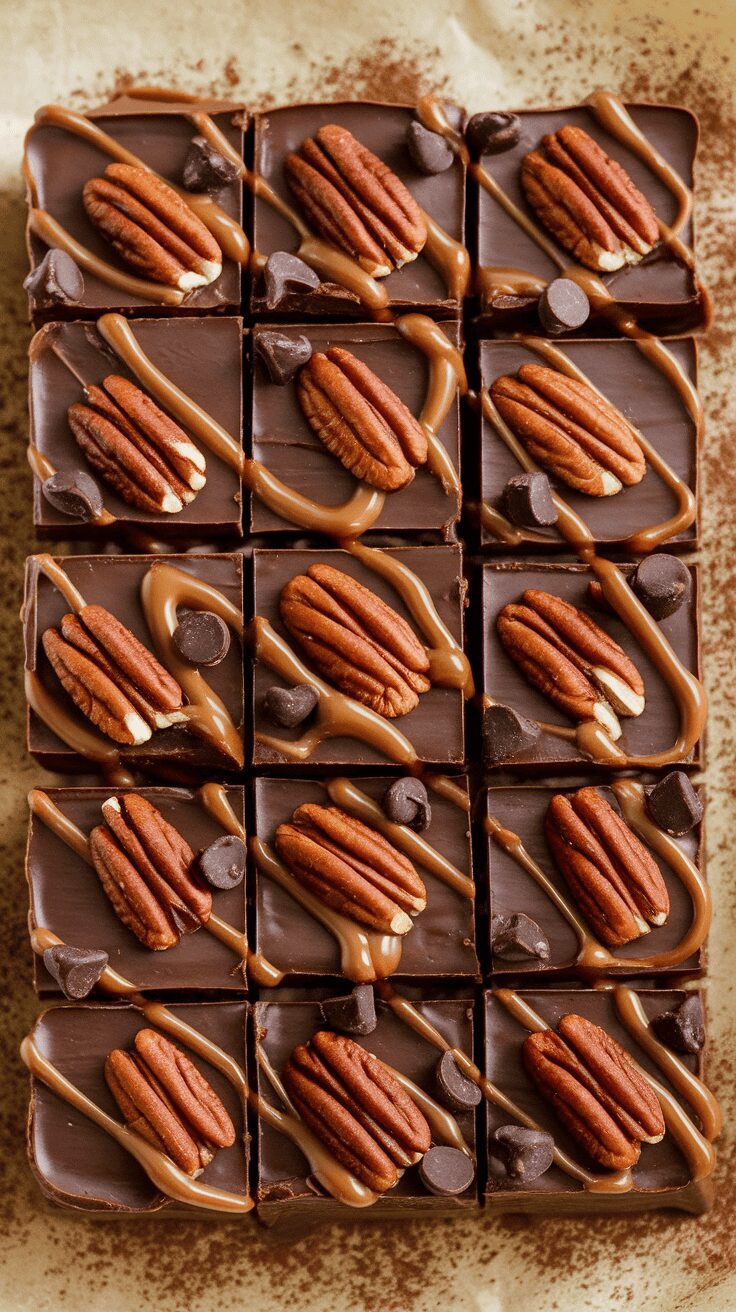 Delicious turtle fudge topped with pecans and drizzled with chocolate