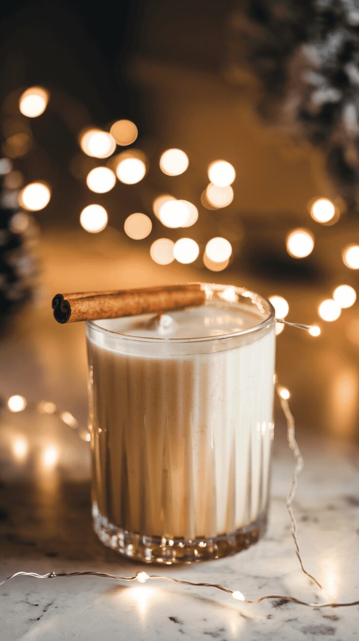 A glass of vanilla bourbon eggnog garnished with a cinnamon stick, surrounded by festive lights.