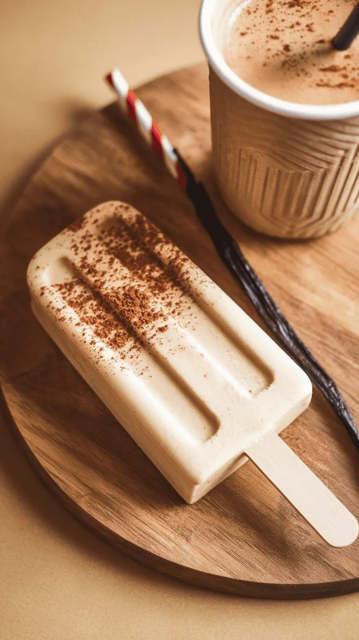 Vanilla latte popsicle on a wooden plate with a cup of coffee and vanilla bean.